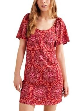 Boden Jersey Mini Shift Dress - US 4L - Red Pink Mosaic Scoop Neck Flutter SS